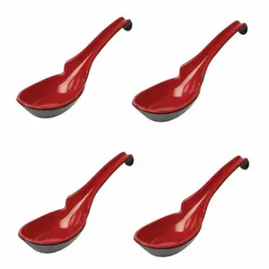 (Red/Black) Set of 4 Chinese Japanese Plastic Wonton Soup Spoons w/Hook