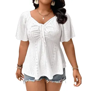 Eytino Womens Plus Size Tops Sweetheart Neck Short Sleeve Eyelet Embroidery Summer Loose Peplum Shirts(1X-5X)