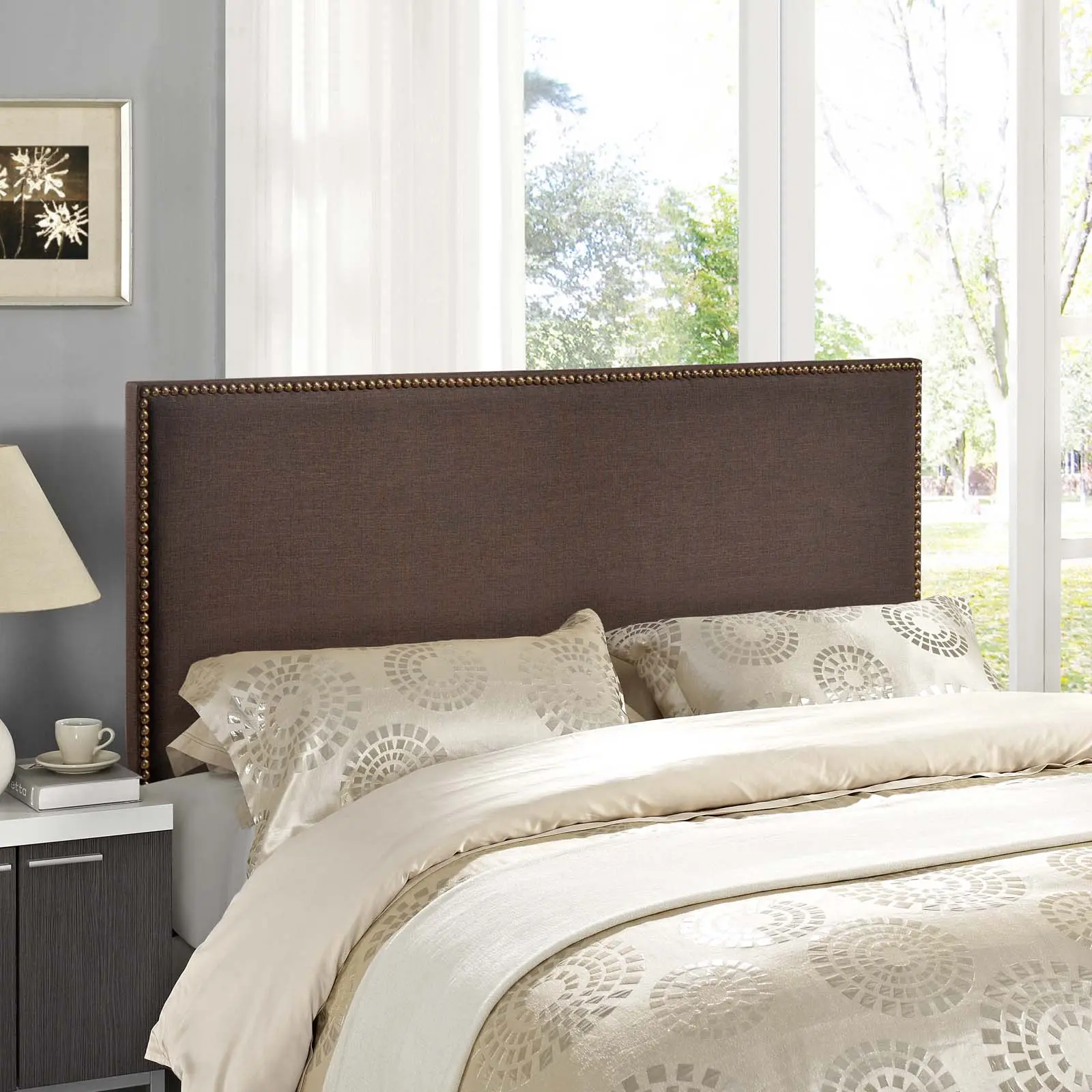 Modway Region Queen Fabric Upholstered Headboard - Nailhead Trim Accented Dark Brown Headboard for Modern Bedrooms, Headboards
