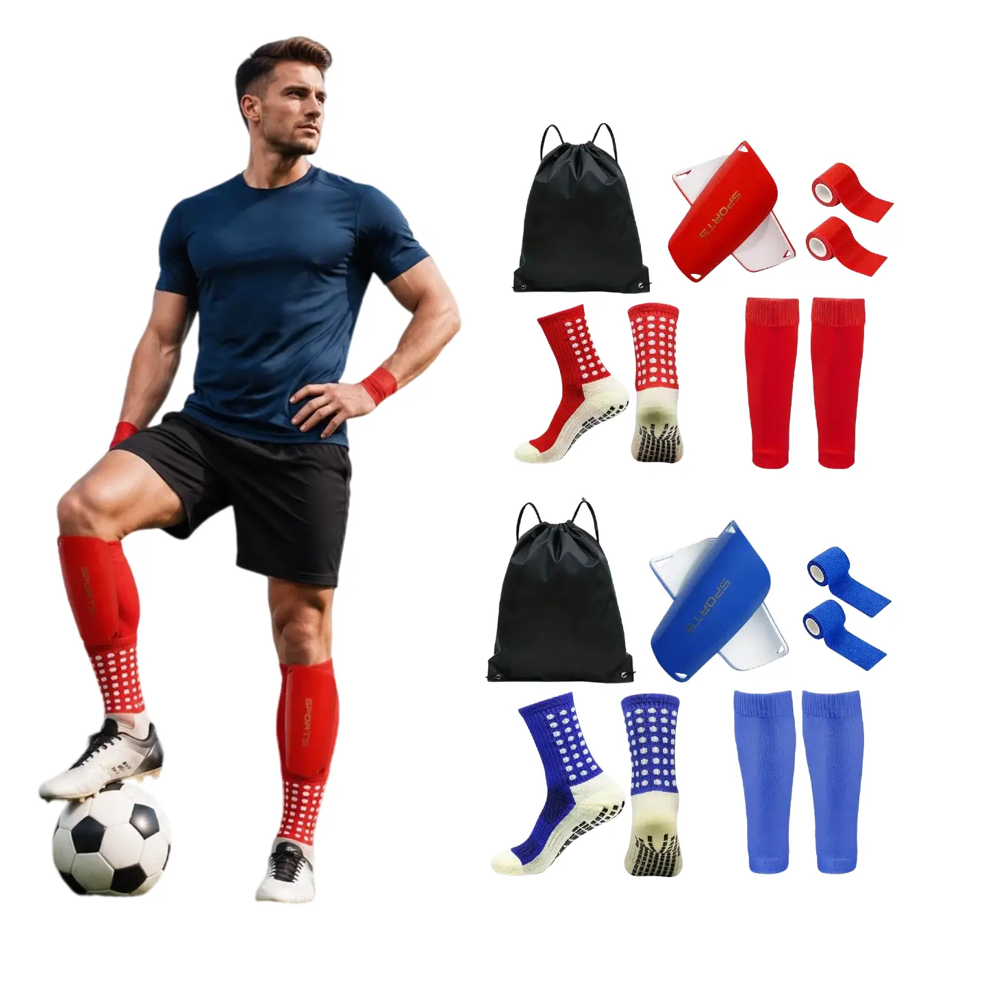 Unisex 5-in-1 Elite Soccer Training Kit Bundle - Nonslip Grip Socks, Durable Shin Guards, Ergonomic Compression Stockings, Secure Grip Tapes, Drawstring Bag for Men, Youth, Men, Women, Youth, Set, Unisex Names, Soccer & Futsal, Athletic Grip Sock, Sports