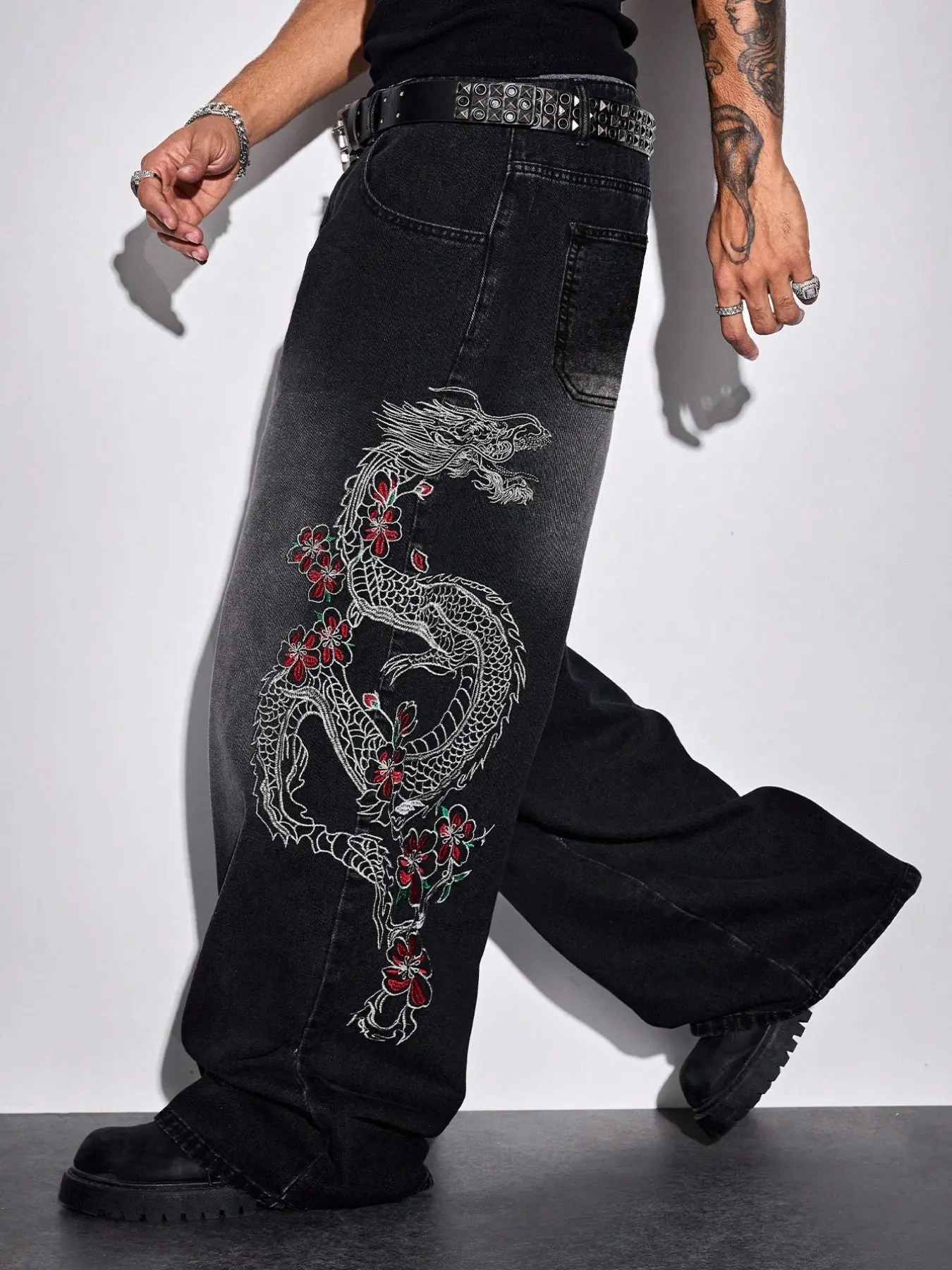 2026 Spring Summer American Street Retro Vintage Wide-Leg Pants with Dragon Embroidery, Trendy Casual Style Loose-Fit Jean Denim Trousers for Daily Wear
