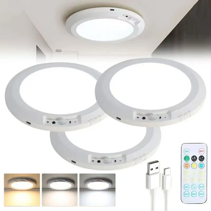 Rechargeable Motion Sensor Ceiling Lamp - Magnetic Wireless Battery-Powered Multifunctional LED Light with Remote, Auto Shut-Off, Customizable Color Changing Ambient Lighting for Camping, Closet