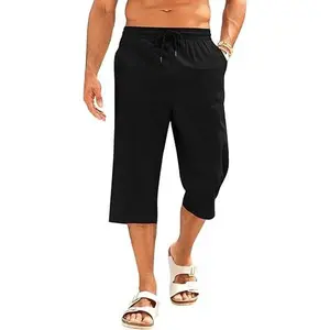 Runcati Men's Linen Capri Pants Casual Lightweight 3/4 Pants Elastic Waist Drawstring Beach Yoga Shorts with Pockets