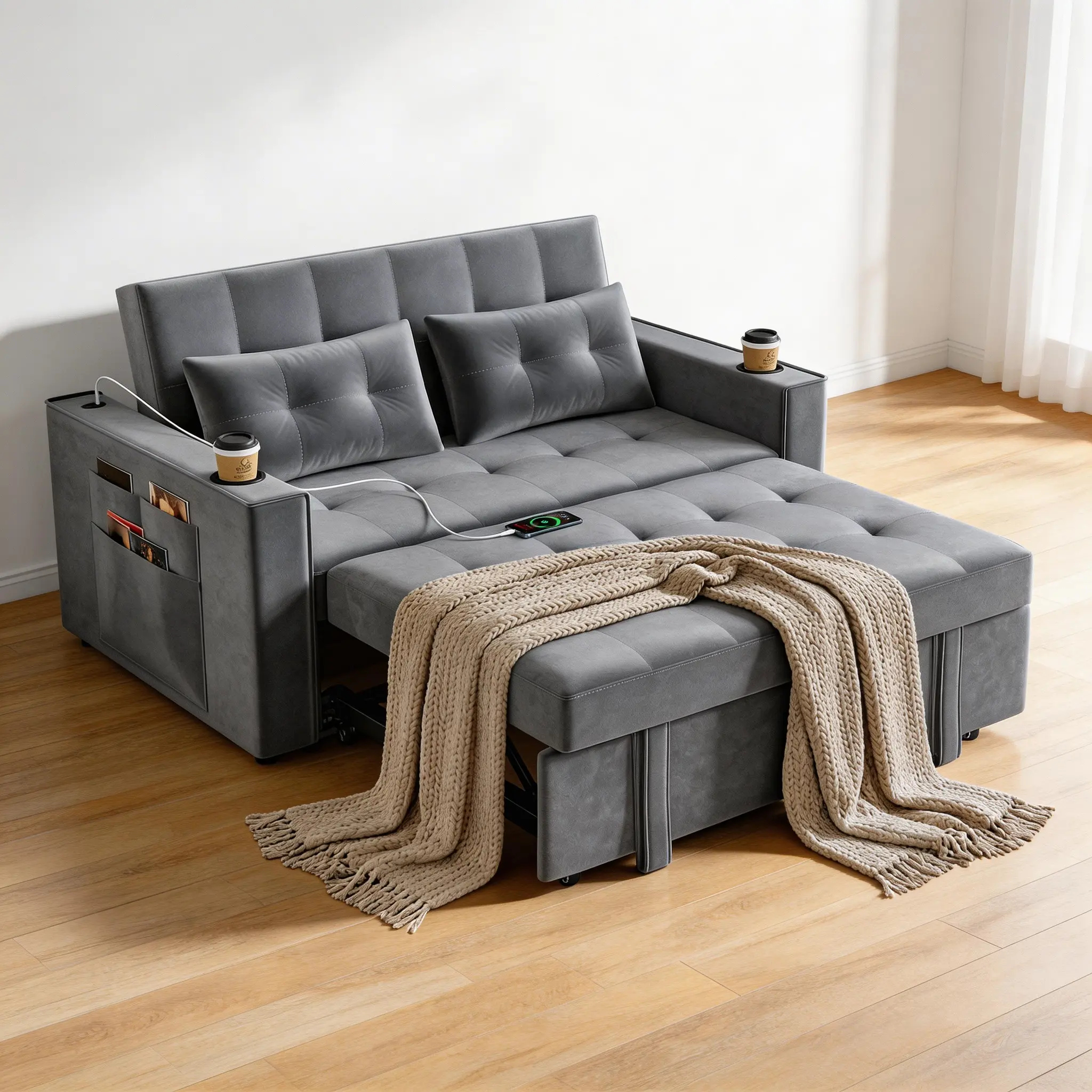 3 in 1 Convertible Sleeper Sofa Bed 55.1" Velvet Futon with Storage Pockets Adjustable Backrest for Bedroom Living Room Cup Holder Charging Station, 111Cm X 166Cm X 81Cm, 3-In-1 Versatile Functionality