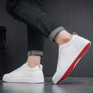 Men's Red Bottom Casual Shoes Simple Board Shoes Real Microfiber Leather Sneakers Runner Fashionable Low Top Lace Up Walking Shoes For Men Male