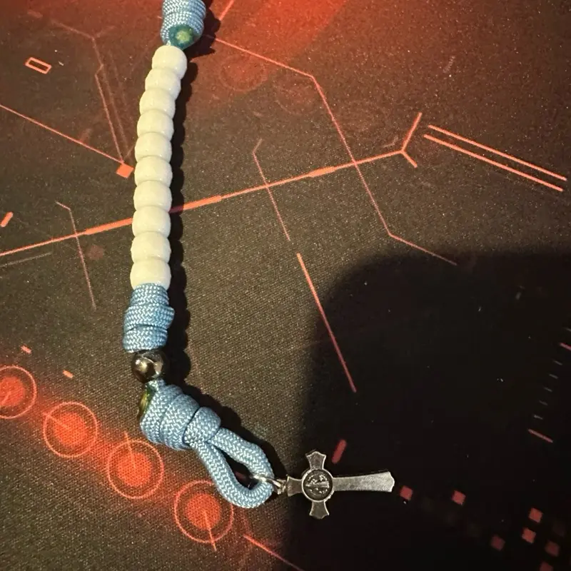 Paracord single decade pocket rosary blessed baby blue and white