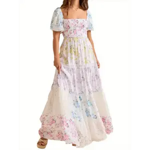 Women Summer A-Line Dress Casual Ruffled Hem Floral Print Short Sleeve Party Dress for Cocktail Streetwear Fabric Polyester