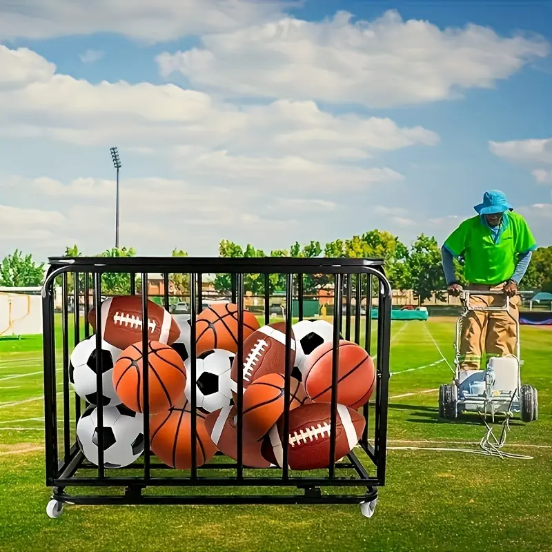Large Capacity Sports Ball Cage, Foldable Ball Storage Cart With Lid And Wheels, Indoor/Outdoor Basketball Storage Box, Rolling Sports Equipment Rack For Gym, School, Club