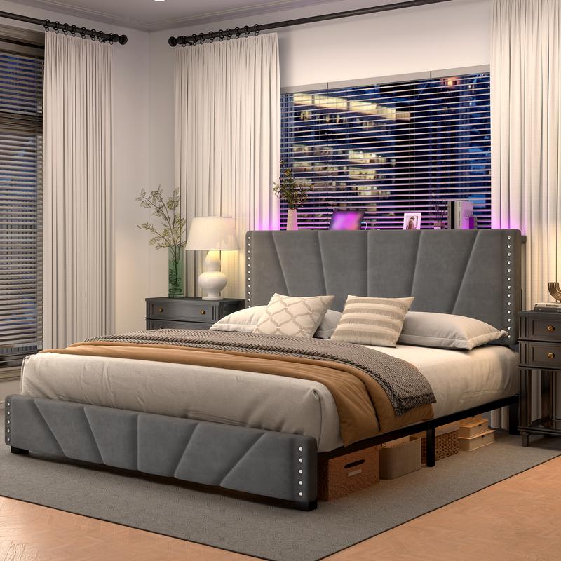 Raybee LED Bed Frame for Queen King Full Bed frame with Storage Headboard & Charging Station, No Mattress, Luxury Upholstered Platform Bed Frames, Holds 881lbs, No Box Spring Needed,Noise Free, Bedroom Furniture