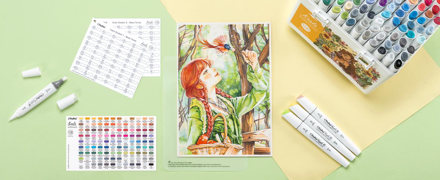 Ohuhu Alcohol Markers: Fine & Slim Broad Chisel Dual Tips - 108 Basic Colors - Alcohol-based Refillable Art Markers for Artist Adult Coloring Book Illustration Drawing Manga 108 Set - Kaala Series of Ohuhuart