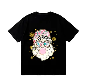 Holiday Cartoon Santa T-Shirt: Cotton with flower hat, pink bubbles and golden snowflake design, casual crewneck knitted fabric, adult medium stretch summer top, strong Christmas vibe;