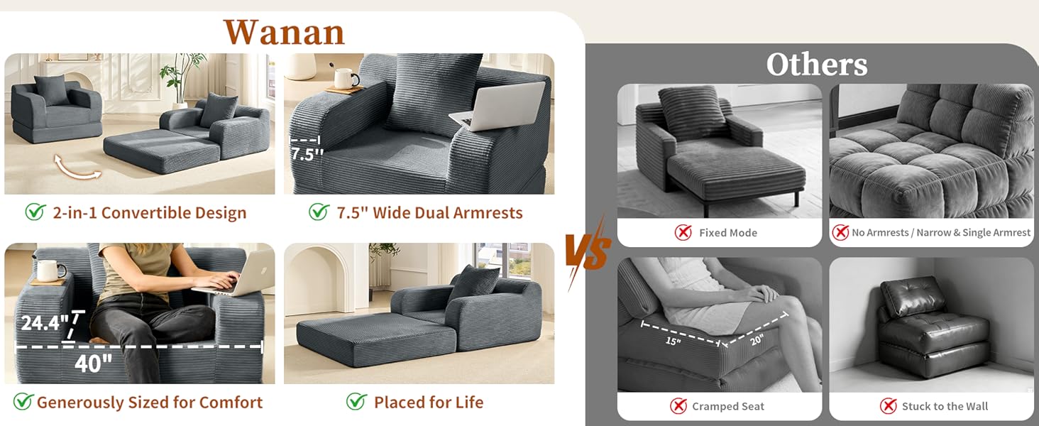 Corduroy Futon Sofa Bed Couch, Single Comfy Boneless Chaise Lounge with Backrest, Armrests and Pillow, Small Sofa Couch for Living Room Bedroom, 40" W