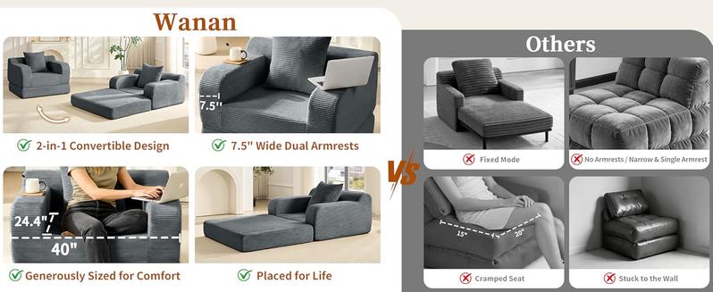 Corduroy Futon Sofa Bed Couch, Single Comfy Boneless Chaise Lounge with Backrest, Armrests and Pillow, Small Sofa Couch for Living Room Bedroom, 40" W