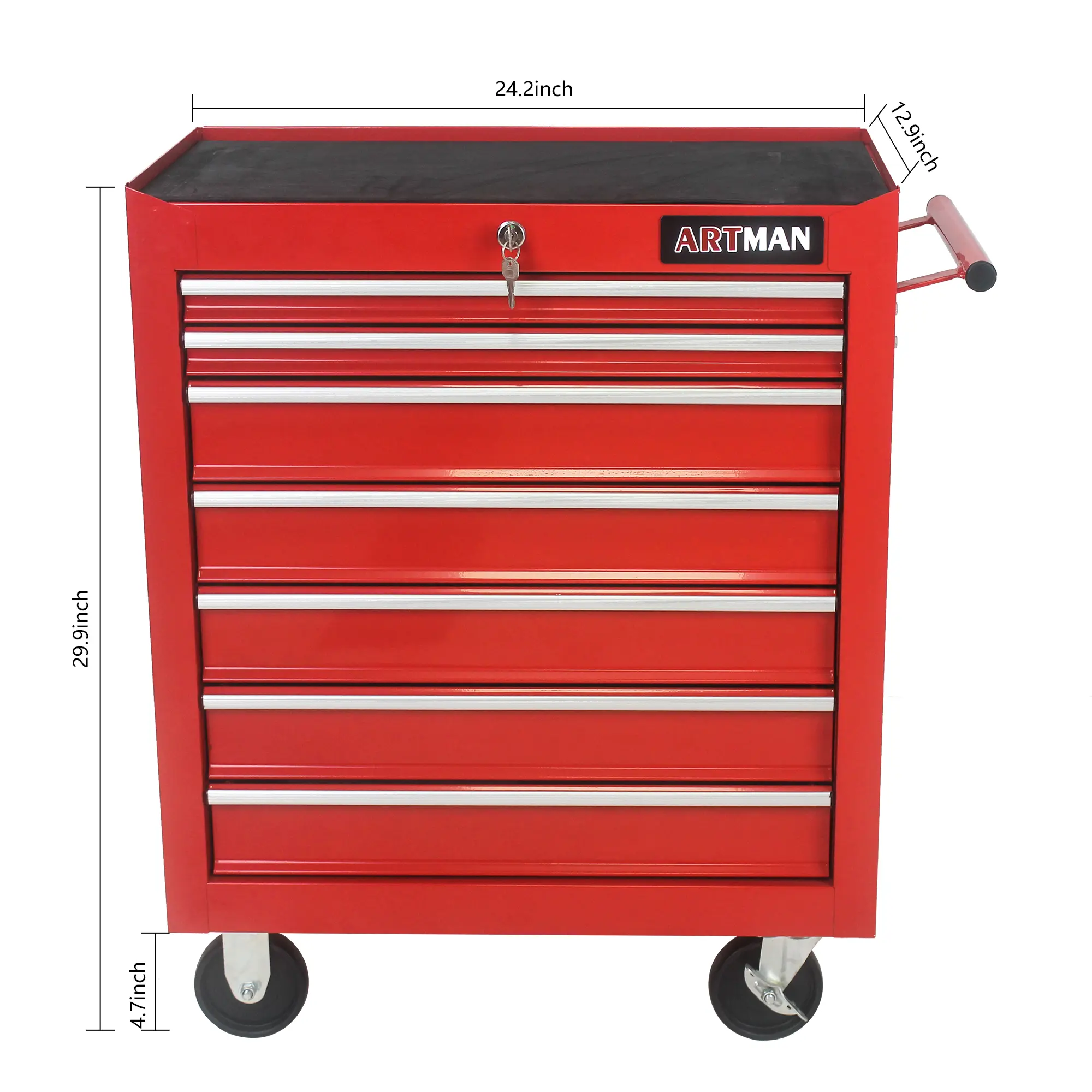 ARTMAN D ProTool Hub Lockable Tool Box - 7-Drawer Multifunctional Steel Tool Chest Cabinet, Removable Construction, Wheels, Red Finish for Garage Use