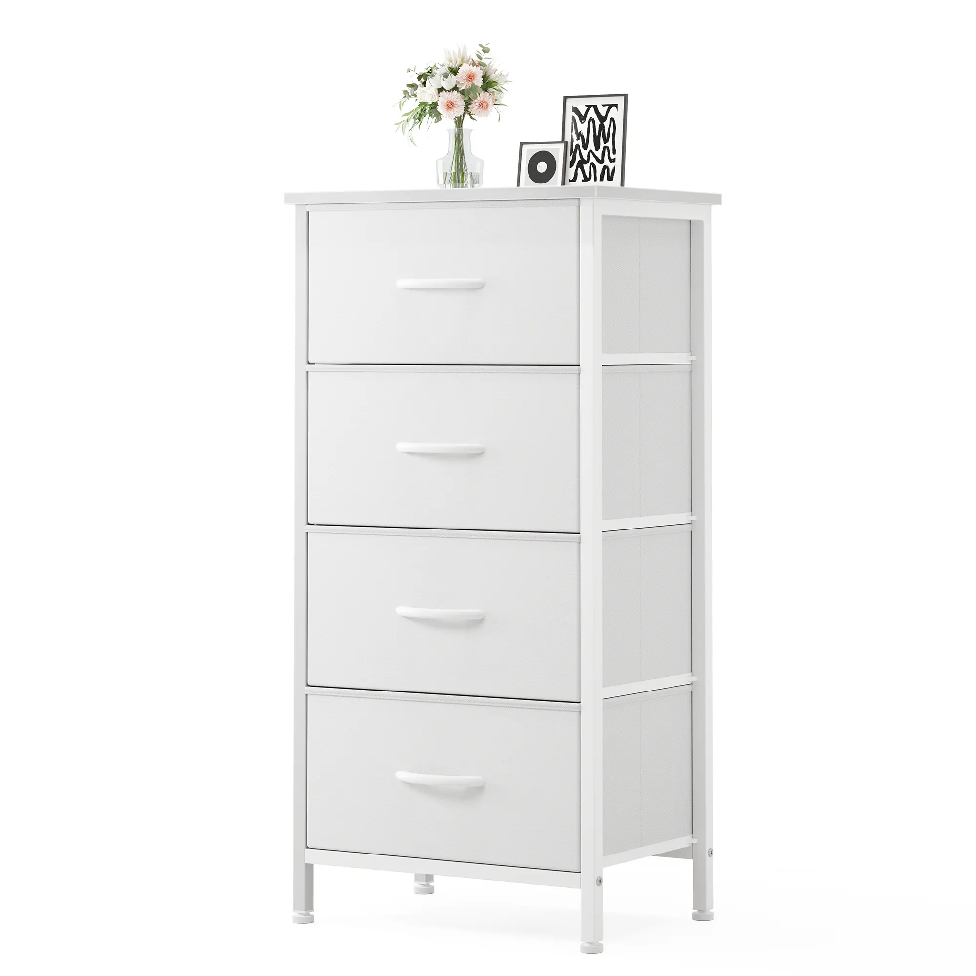 4-Drawer Fabric Storage Dresser - Modern MDF+Steel Single Unit Home Storage Cabinet, Space-Saving Multifunctional Skinny Drawers Cabinet for Bedroom, Practical Apartment Indoor Furniture