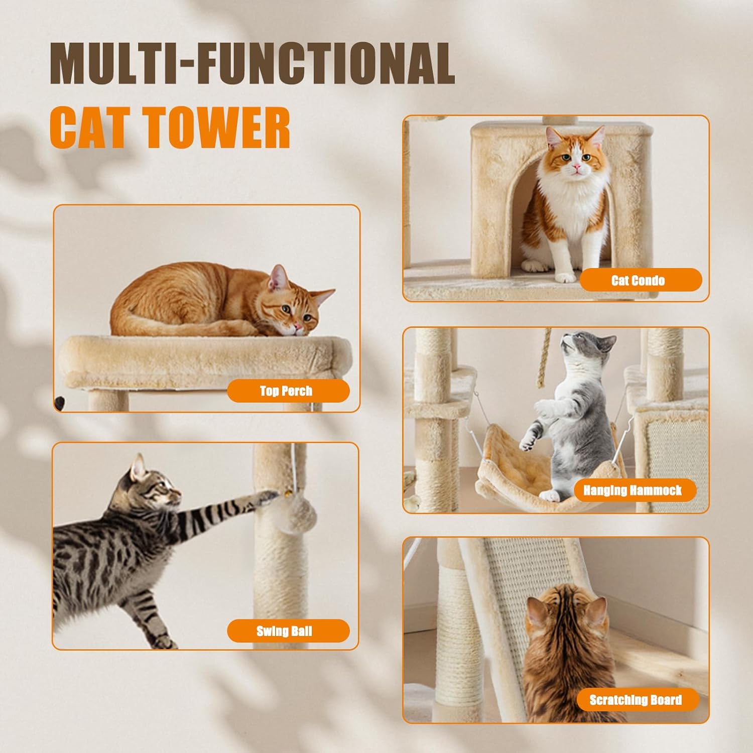 63 Inch Cat Climbing Tower, Multi-Level Cat Tree with Condo, Hammock, Extended Platform & Natural Sisal Scratching Posts, Indoor Play House for Cats and Kittens
