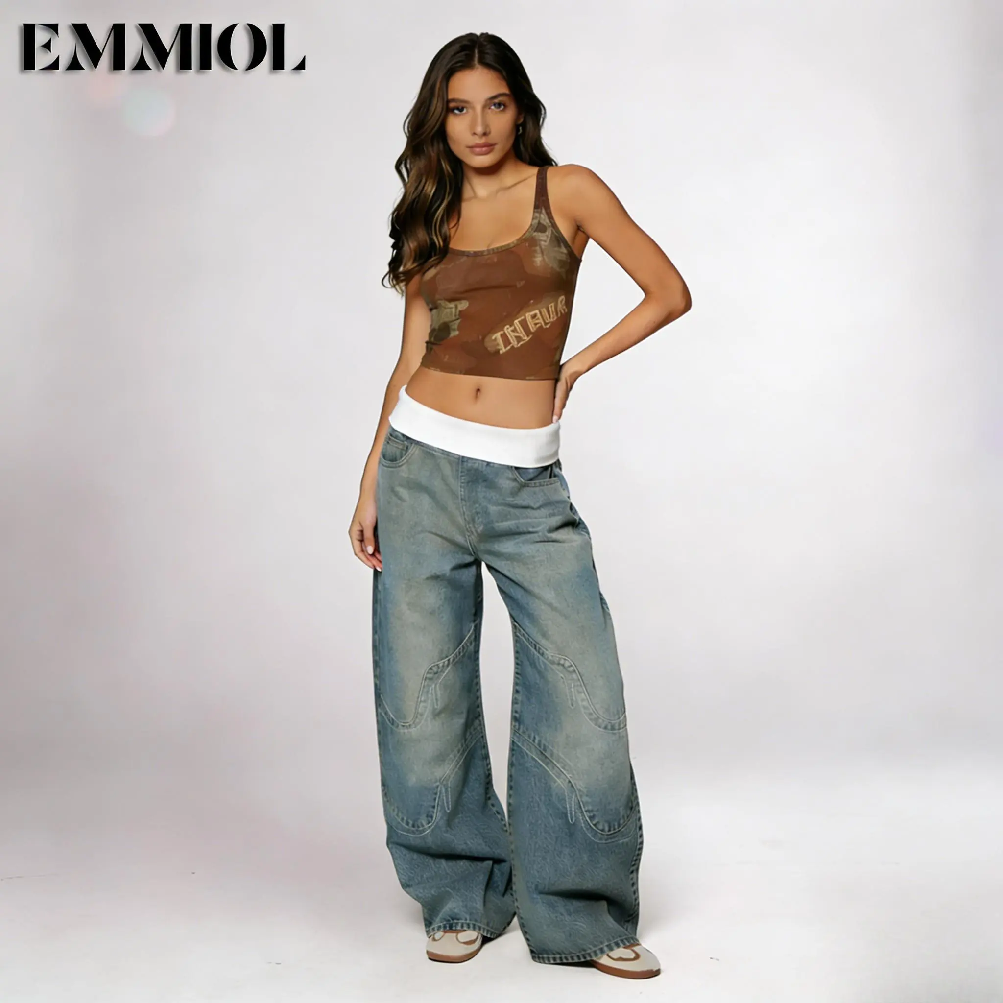 EMMIOL【Back to School】Women Y2K 90S Hip Hop Baggy Jeans Boyfriend Wide Leg Denim Pants Mid-Low Foldover Rise Loose Streetwear Outfits