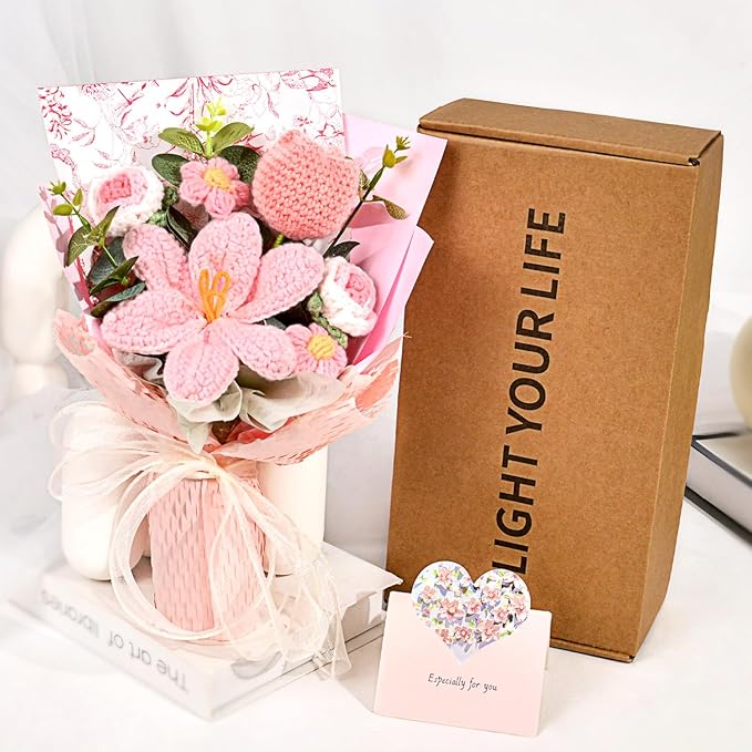 Handmade Knitted Crochet Flower Bouquet, 1 Bunch Artificial Flowers for Home Decor, Parties, Weddings & Anniversaries — Perfect Valentine’s Day, Birthday, Mother’s Day, Father’s Day & Thanksgiving Gift, Decorative Artificial Flower Set