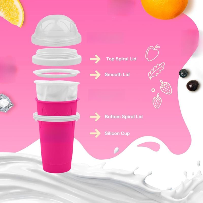 Slushy Cup & Slushy Maker Portable Smoothie Slushie Squeeze Cup for Juices, Milk and Ice Cream Make, Double Layers Silica with Lid & Straw for Kids, Friends & Family (PINK, STANDARD SIZE)