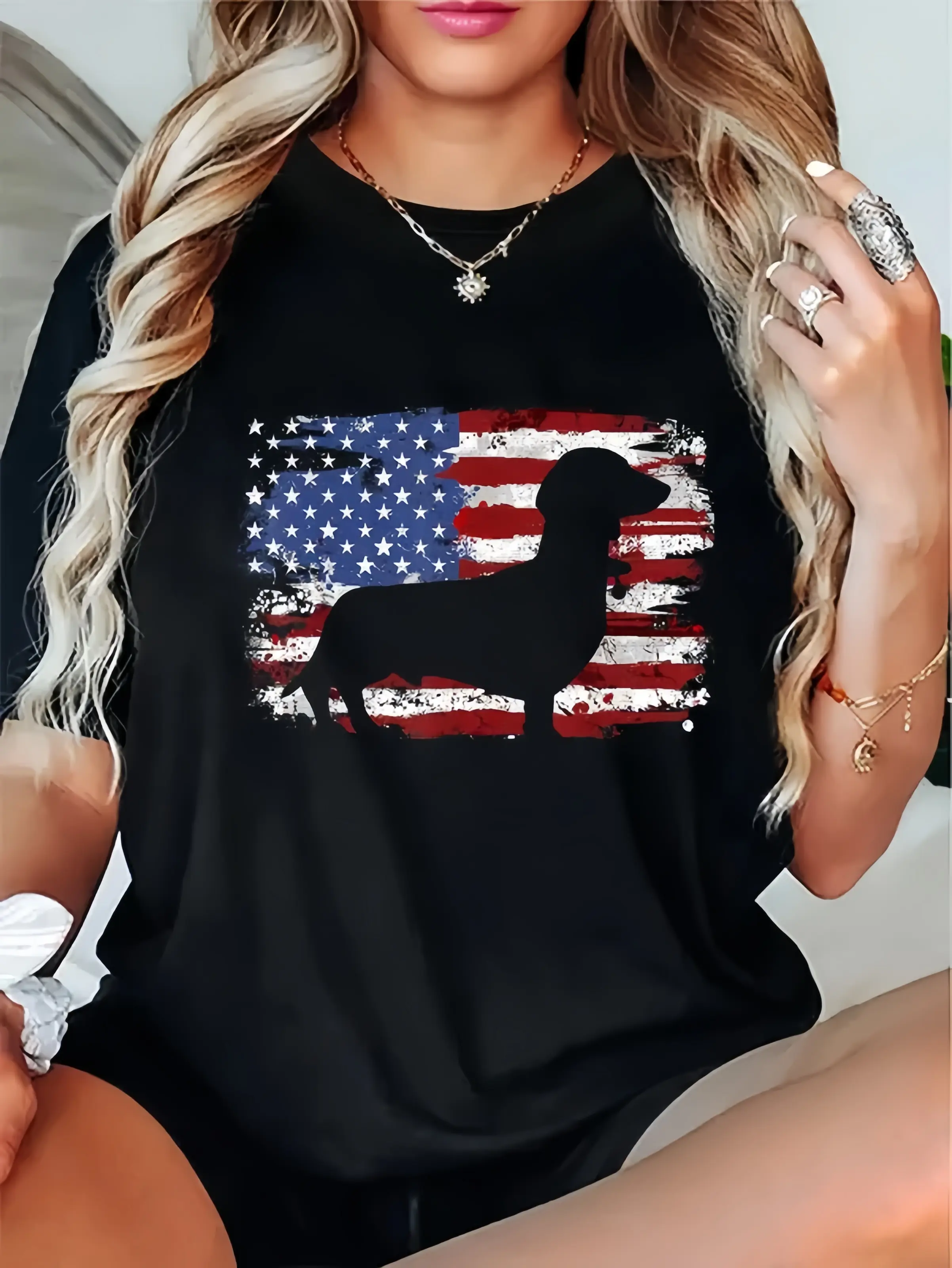 Women's Fitted 100% Cotton Casual Lady Top - Dachshund Weiner Print, Vintage American Flag Print