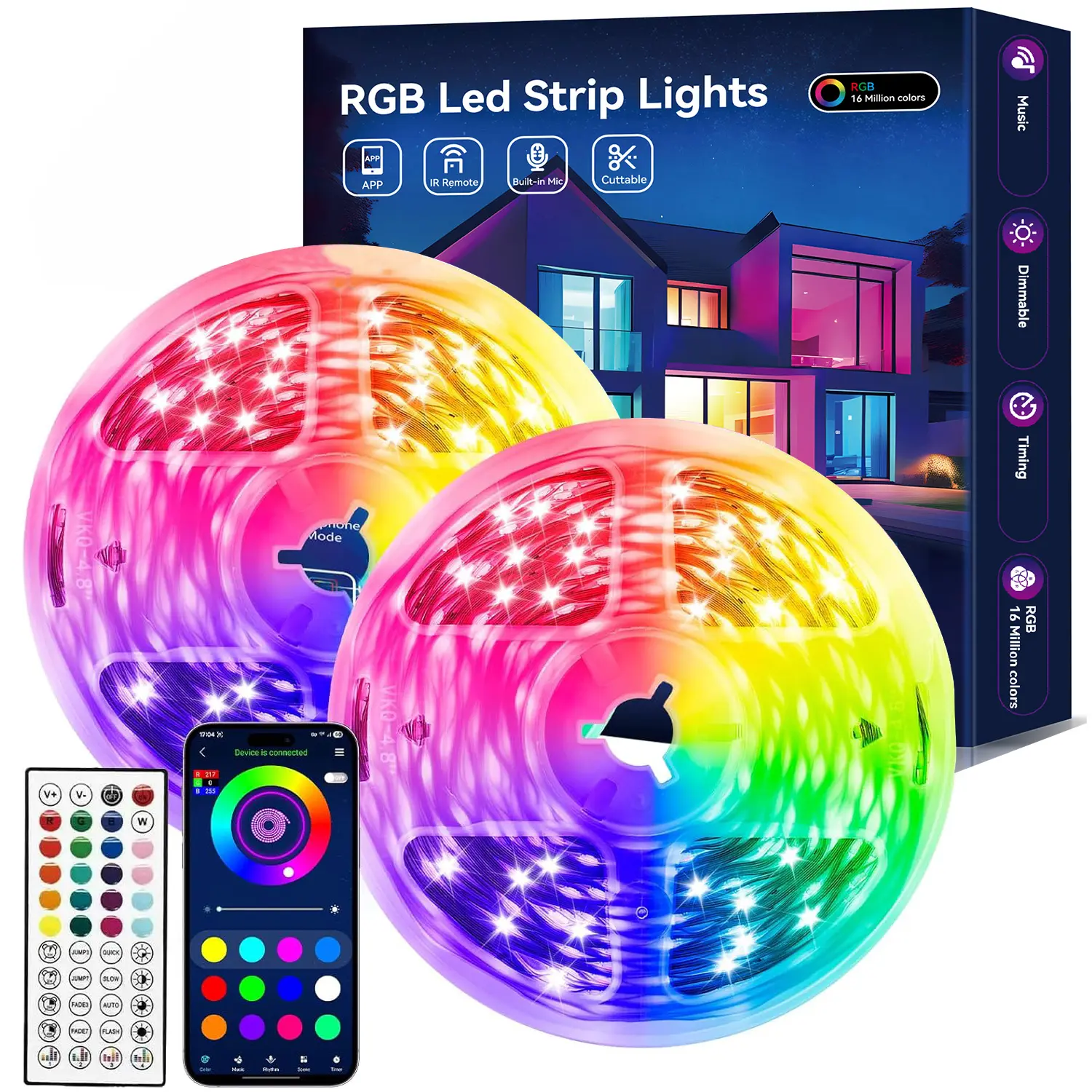 RGB Smart LED Light Strips, 33FT 50FT 100FT & 9.84FT TV LED Strip Lights, App Control, Music Sync, Timer and Dimmable Brightness, Flexible Adhesive Lights for Bedroom Gaming Room, Gift for Family