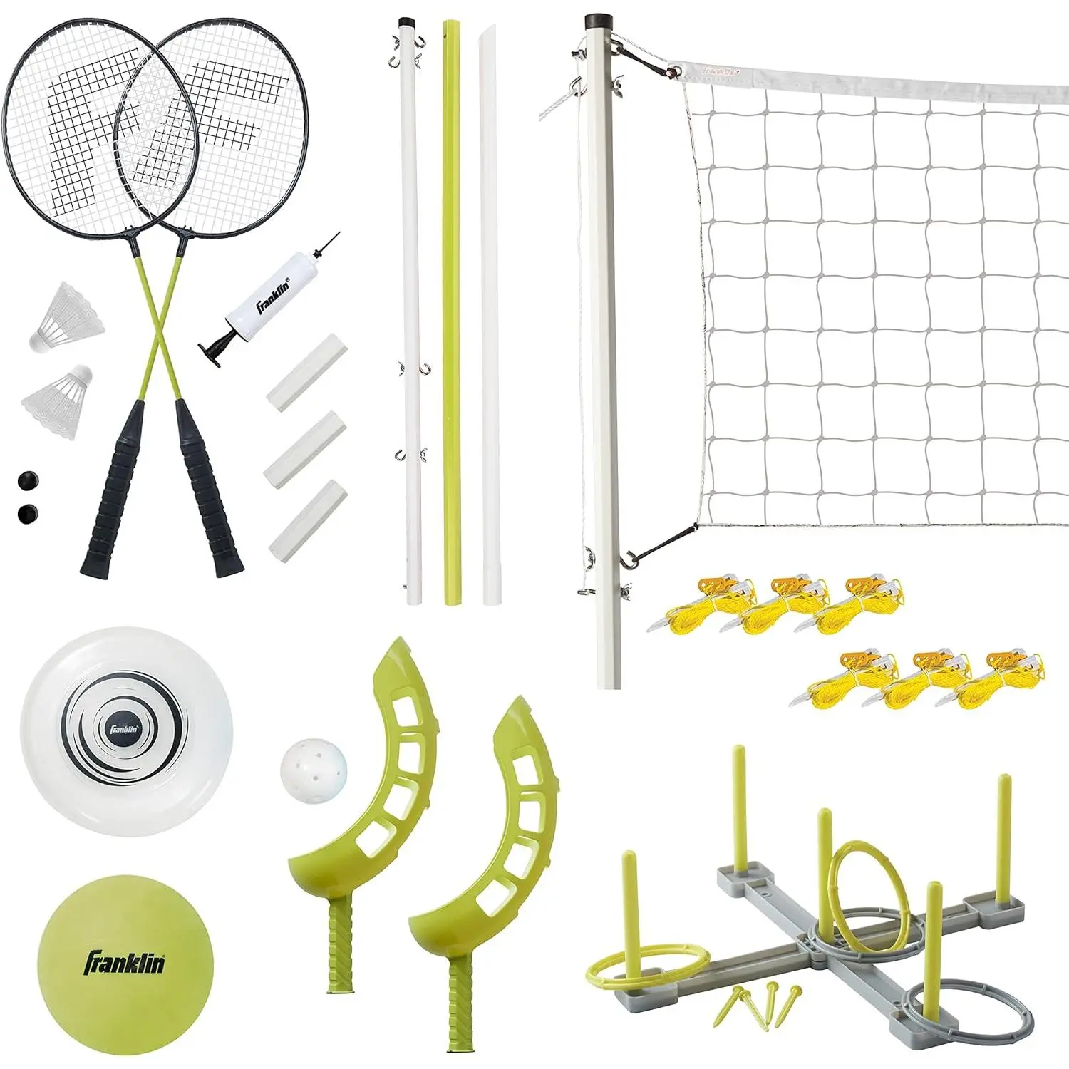 Sports Fun 5 Combo Outdoor Game Set - Backyard, Beach + Camping Games for Kids - Badminton, Volleyball, Flip Toss, Flying Disc - Horseshoes or Ring Toss