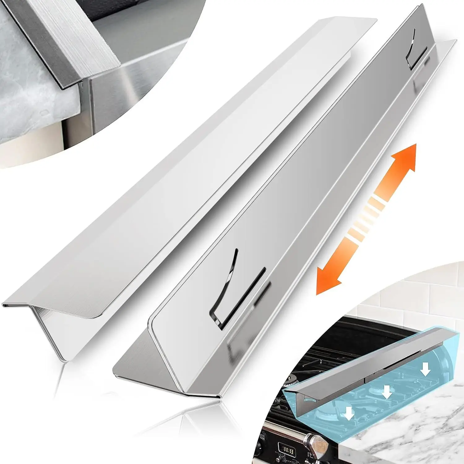 Ultimate Kitchen Stove Gap Covers (2-Pack), Stove Gap Filler, Range Trim Kit, Adjustable Stainless Steel Stove Gap Covers | Heat Resistant Kitchen Counter Guards & Oven Gap Fillers (13.8" - 27.5", Silver)
