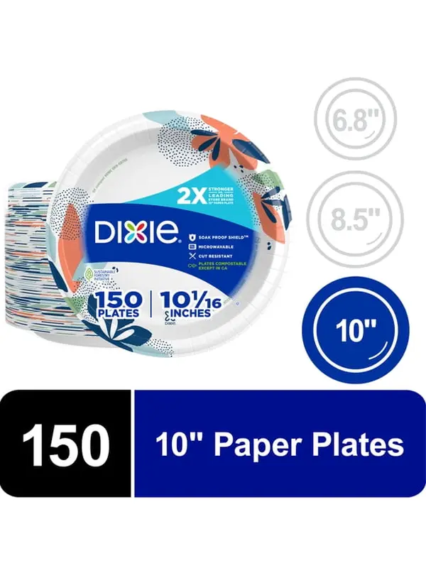 10-Inch Disposable Paper Plates, 150 Count, Strong & Soak-Proof
