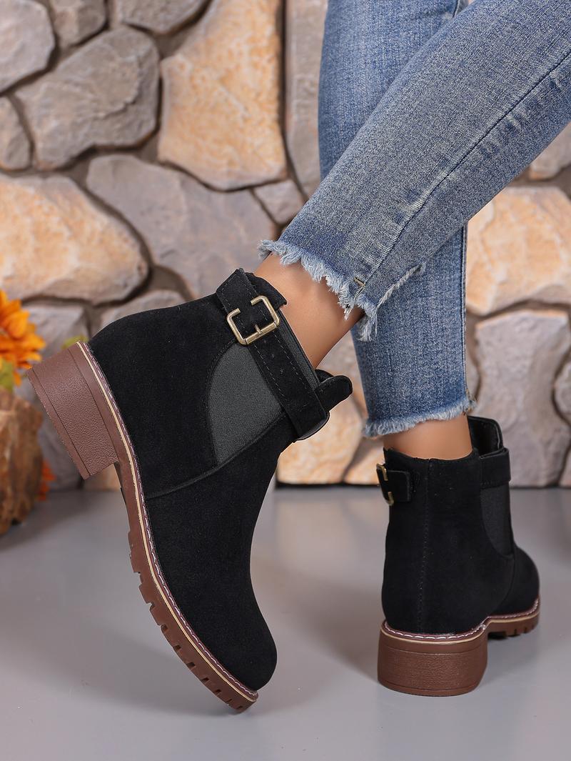 Women's buckle thick low heel anti slip thick sole fashionable ankle boots - round headed solid color short boots, suitable for winter and autumn, casual and formal wear