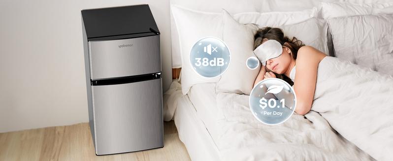 Upstreman mini fridges 3.2 Cu.Ft with Freezer Double Door Adjustable Thermostat Stainless-SD321/BD321 Quiet Energy Saving Efficient Light Removable Shelves Crisper Drawer for Dorm Office Bedroom Mini Refrigerator pantry drink fridge skincare fridge