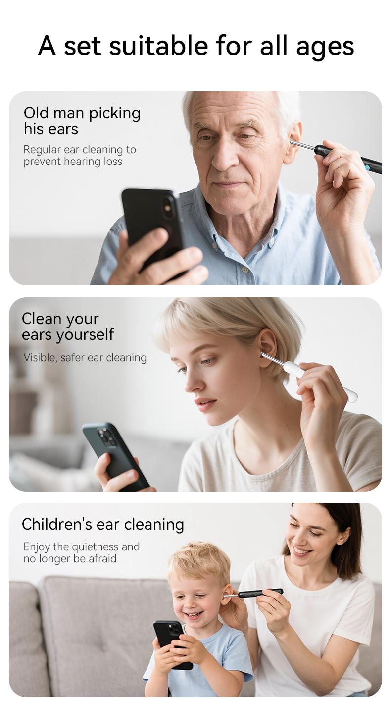 1080P HD EarWax Removal Tool with Camera 6 Ear Spoons Set Rechargeable USB Battery Dual Power Safe Ear Care Gentle with WiFi