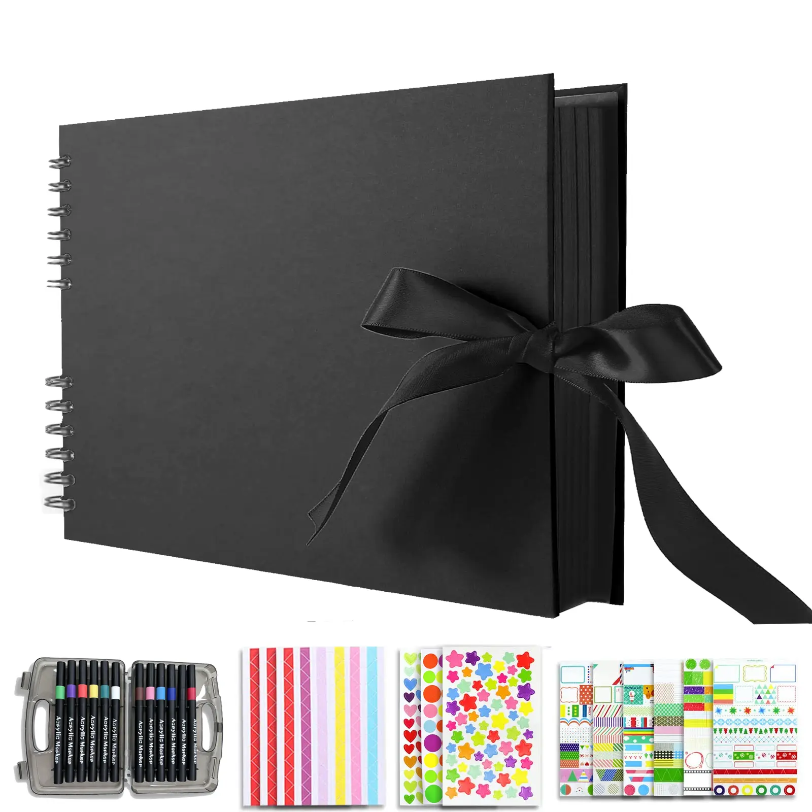 Unisex Plain Paper 25pcs DIY Scrapbooking Kit - Black Foldable Memory Album, Tape, Stickers, 12pcs Markers - Home/Festive Gift for Wedding, Anniversary