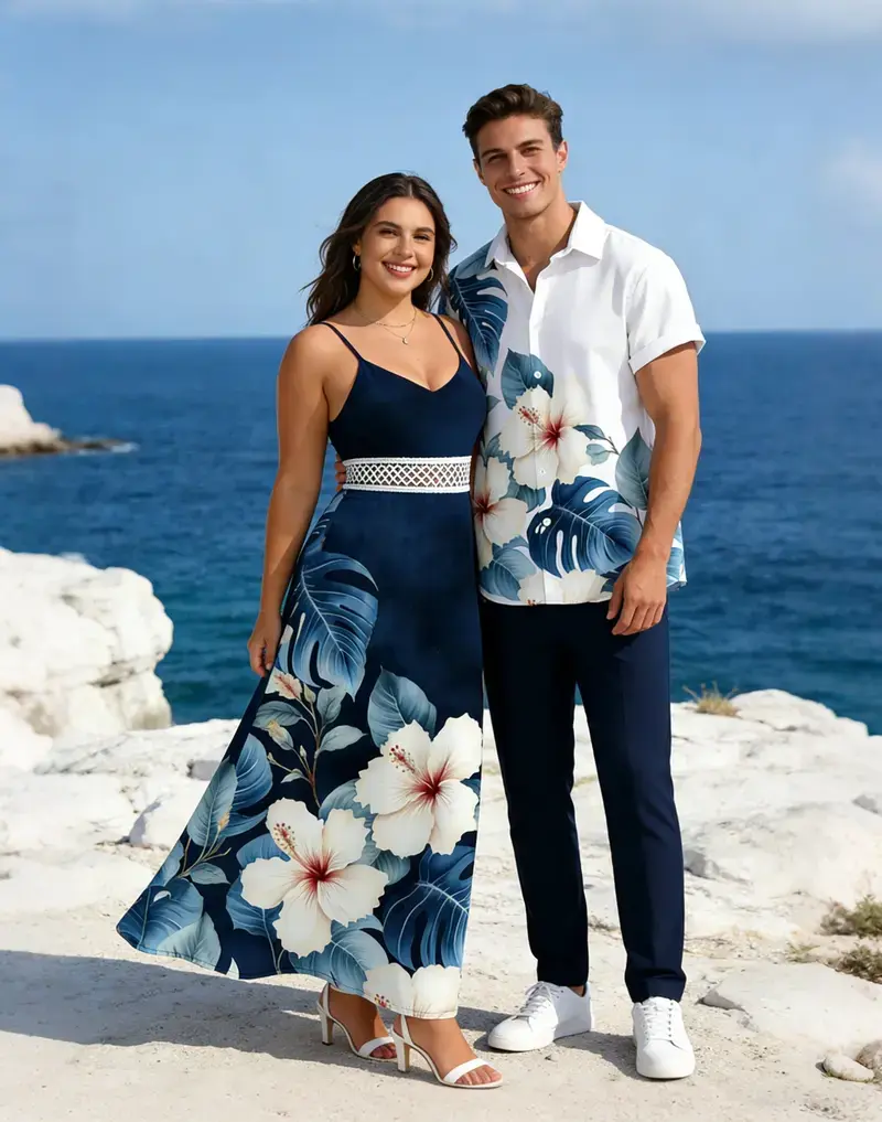 DRESSLILY 2026 His and Hers Korean Casual Tropical Vacation Couple Match Set - Women's Soft Stretchy Fitted Fit Fabric Dress (Smocked Waist, Spaghetti Straps, Hibiscus Print, Lace Slit Detail, Hollow-Out); Men's Basic Button-Up Shirt, True Size