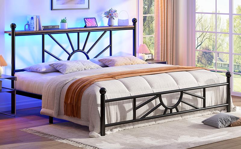 [RaybeeBrandyDay] King Queen Full Metal Bed Frame with Headboard & LED, NO MATTRESS, Queen Size Bed Frame with Storage Space & Strong Metal Slats, Iron Bed Frame, Noise-Free, Easy Assembly, Modern Bedroom Furniture, Black[BlackFridayCyberMonday]