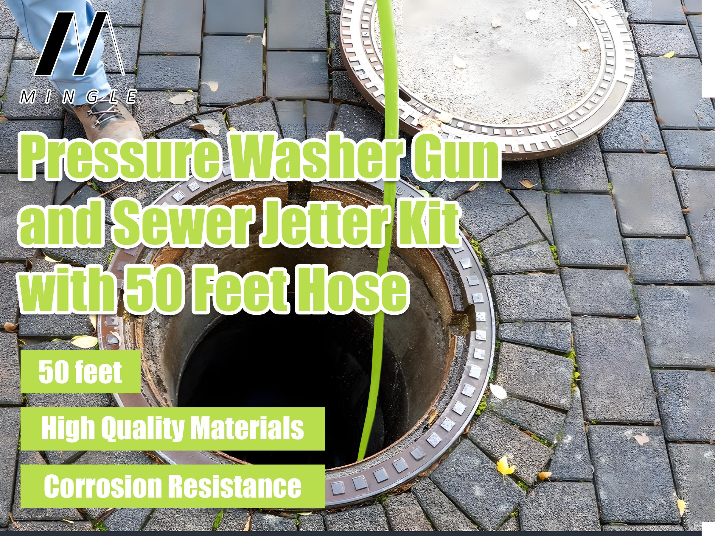 M MINGLE Sewer Jetter Kit for Pressure Washer 50 FT, Drain Cleaner Hose with Power Washer Wand, 1/4 Inch NPT Corner Rotating and Button Nose Sewer Jetting Nozzle, Orifice 4.0, 4.5