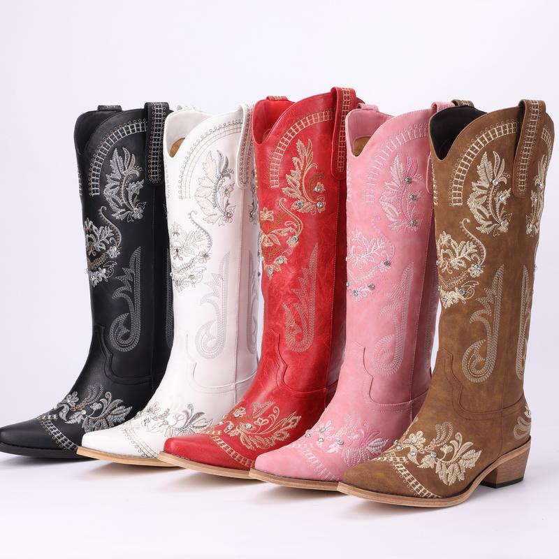 Cowboy Boots for Women - Knee High Western Cowgirl Boots with Sparkly Rhinestone Embroidered Pointed Toe Chunky Heel Pull on Zipper Fashion Vintage Tall Boots