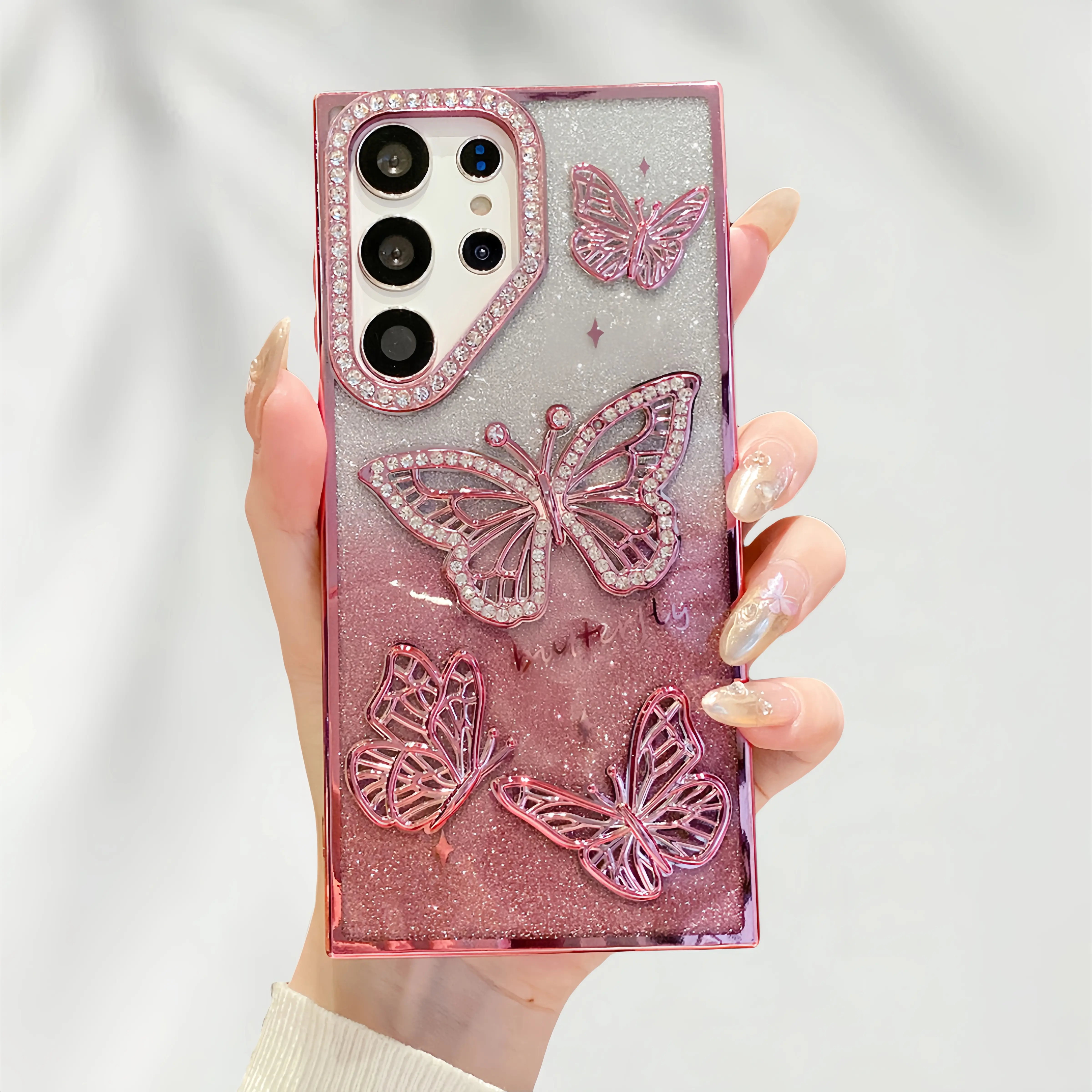 3D Cute Butterflies Plating Glitter Bling Luxury Rhinestone Smartphone Casing for Samsung Galaxy S25/S24/S23 Ultra - Slim, Protective Handheld Cellphone Devices Cover with Camera Protection Bumper for Women, Accessories