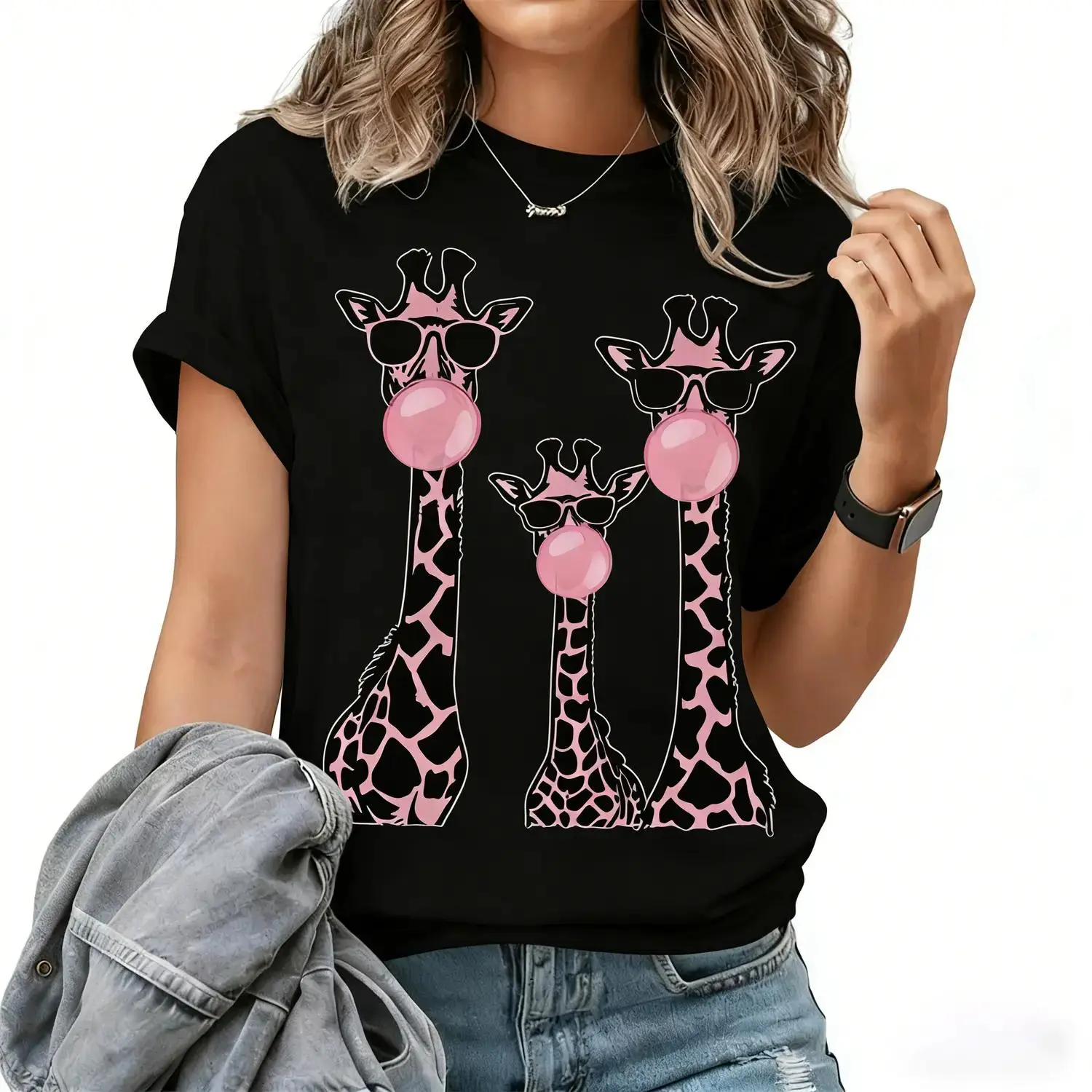 Ladies Giraffe Print Round Neck Tee Casual Crew Neck T Shirt Ideal for Daily Holidays and Outdoor Summer Wear