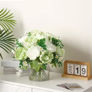 17-Piece Mixed Silk Peony Bouquet in Glass Vase with Faux Water, Real Touch Artificial Flowers for Wedding Centerpieces, Home Table Decor, and Event Decorations (White & Green)