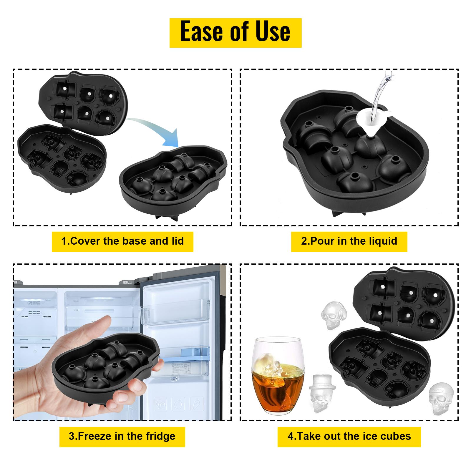 VEVOR Skull Ice Cube Tray, TikTokShopBlackFriday, 6-Grid Skull Ice Ball Maker, Flexible Black Silicone Ice Tray with Lid & Funnel, Skull Ice Cubes in 3 Distinct Patterns for Beverages & Chocolates on Parties & Holidays