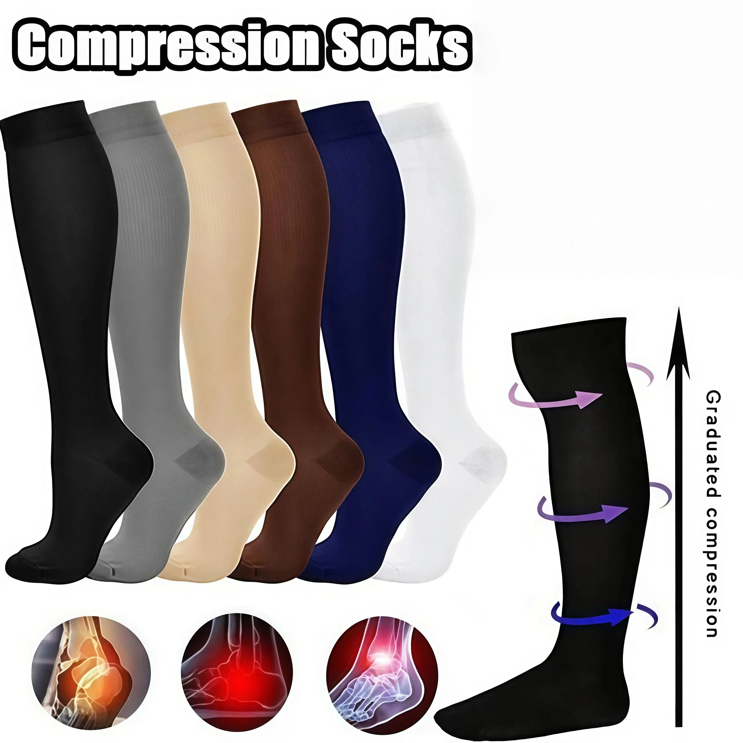 Compression Socks for Women & Men Circulation 2 Pairs 15-20 mmHg for Athletics Running Nurses Pregnancy Nylon Comfortable Fit