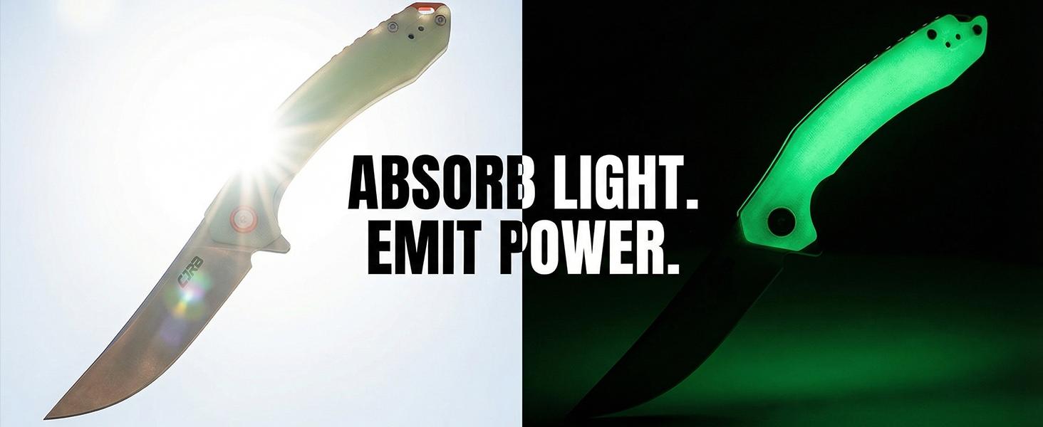 Cjrb Gobi Pocket Knife Glow In the Dark Version, AR-RPM9 Steel Blade G10 Handle, Stainless Steel Tool knife for Man, Camping and Emergency Survival Gear