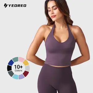 YEOREO Women's Halter Crop Top V Neck Workout Going Out Tank Top Hazel Padded Sleeveless Backless Trendy Summer Camisole