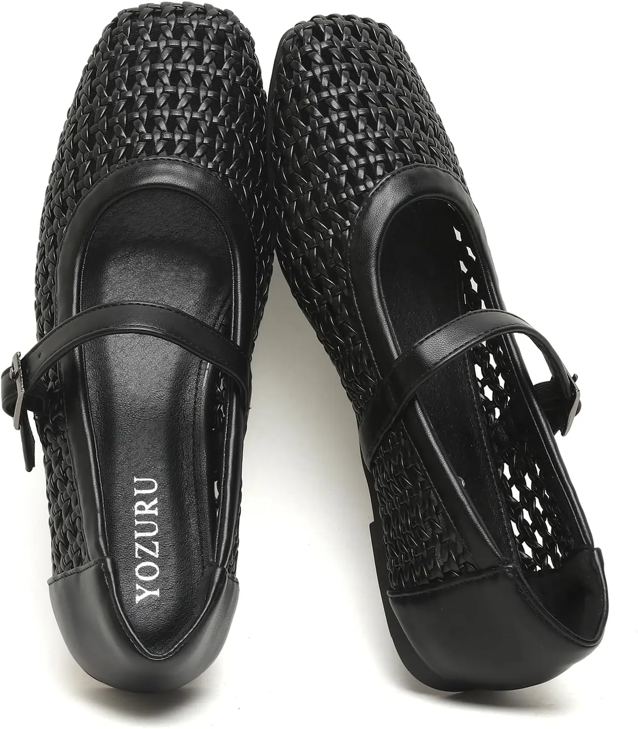 Womens Woven Ballet Flats Mesh Mary Jane Shoes Dressy Squared Toe Comfortable Buckle Strap Casual Leather Flats for Women