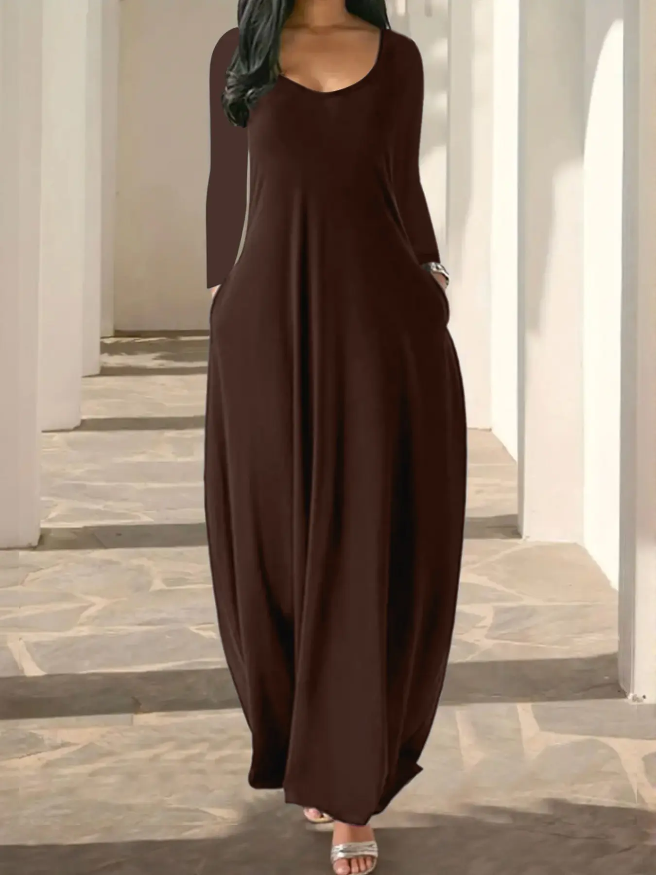 Women's Lady Long Coffee Leopard Print Dress, Casual Minimalist Fitted Round Neckline Long Sleeve Pocket Everyday Loungewear Sleepwear, Soft Fabric All Seasons Womenswear, Loungewear House Dress