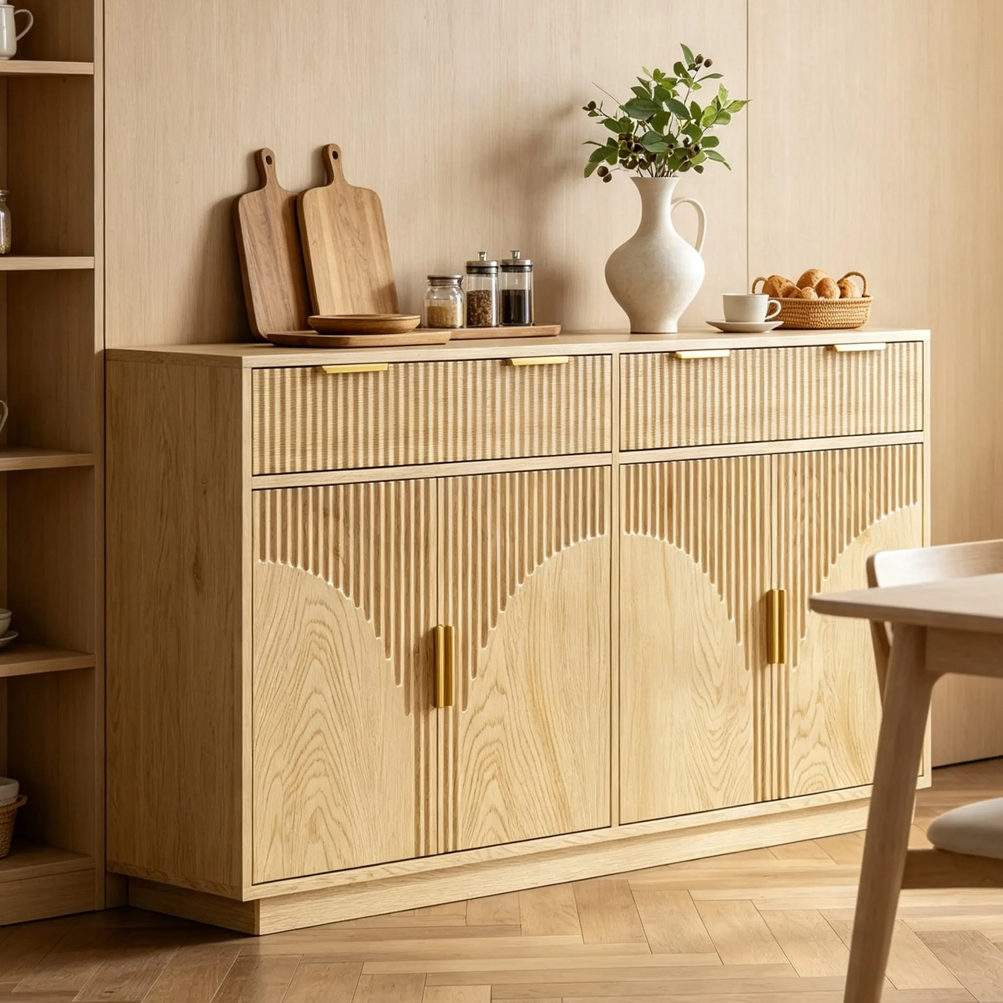 Gyfimoie 55" Wide Fluted Sideboard Buffet Cabinet with Storage & 2 Drawers, Large Buffet Table with Arched Design Doors & Adjustable Shelves, Natural Oak Color Wooden Accent Cabinet Coffee Bar Freestanding Cupboard