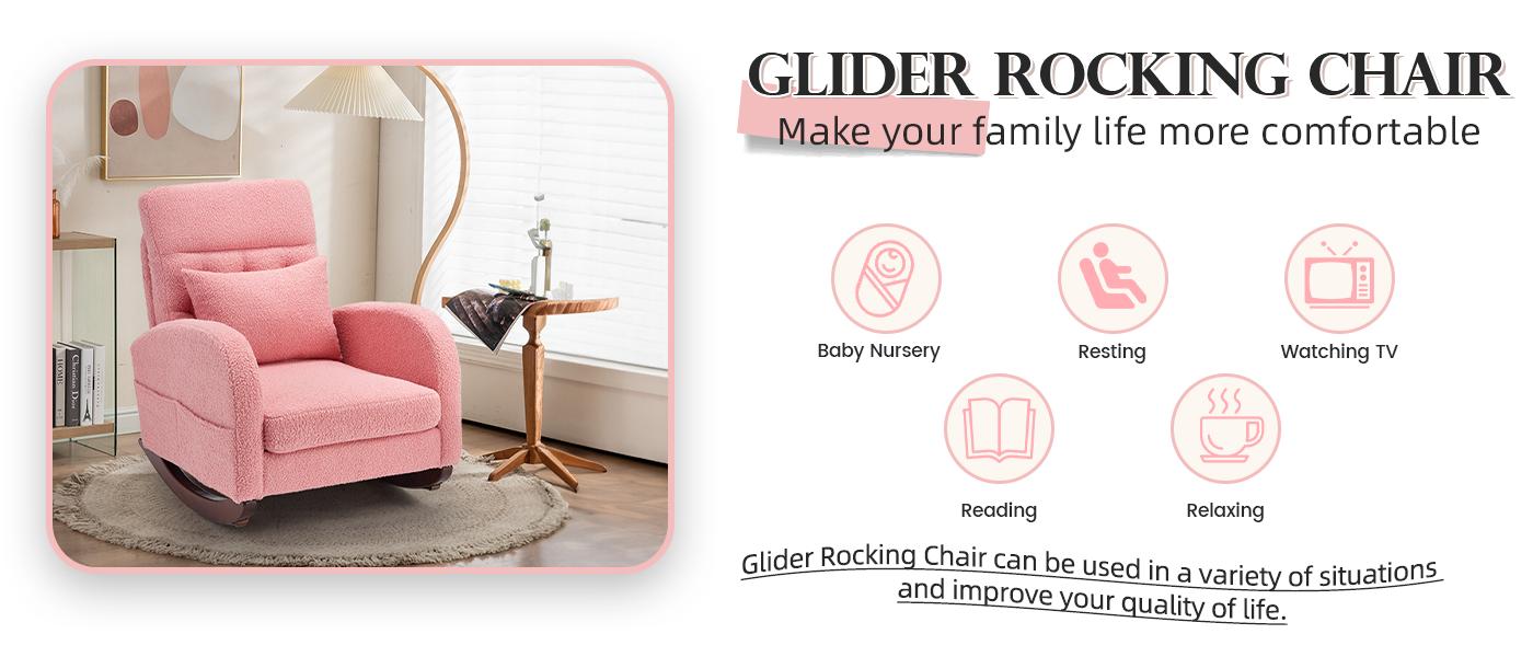 EROMMY Nursery Rocking Chair Teddy,Upholstered Glider Rocker with Side Pocket and Cushion,Modern Reading Chair with High Backrest and Rubber Wood Legs, Accent Armchair for Indoor Ergonomic Design Recliner Interior