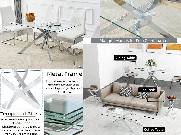 51.18" Rectangular Clear Tempered Glass Dining Table,Stylish Design with Silver Metal Tubular Legs, Dining Table for Dining Room（Only Table）