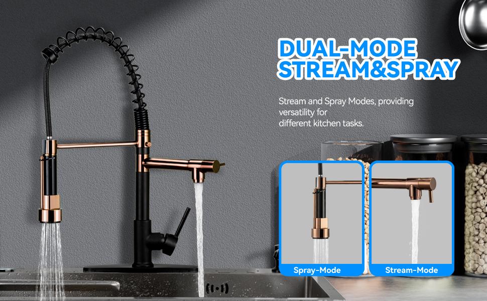 NGNP Kitchen faucet with pull-down spray, single handle double outlet commercial kitchen sink faucet, solid copper body, compatible with deck 1 or 3 holes sprayer black steel high arc Out Modern Decorative