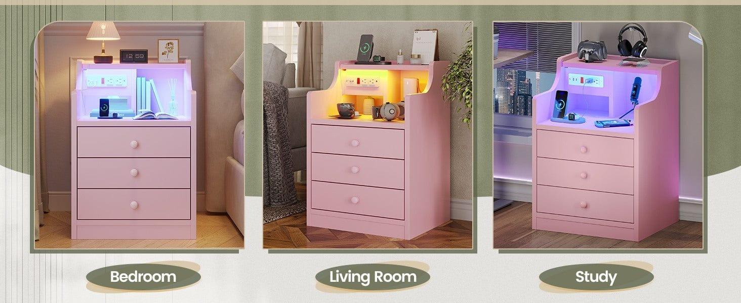 Sikaic LED Nightstand with 3 Storage Drawers Pink Modern Bedside Table with Built-in Charging Station and Open Storage Space Vanity Desk Design Sikaic LED Nightstand with 3 Storage Drawers Pink Modern Bedside Table with Built-in Charging Station and Open Storage Space Vanity Desk Design